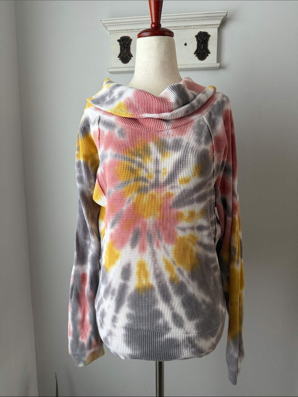 Pilcro and the Letterpress Tie-Dye Cowl Neck Waffle Knit Sweater Pink & Yellow